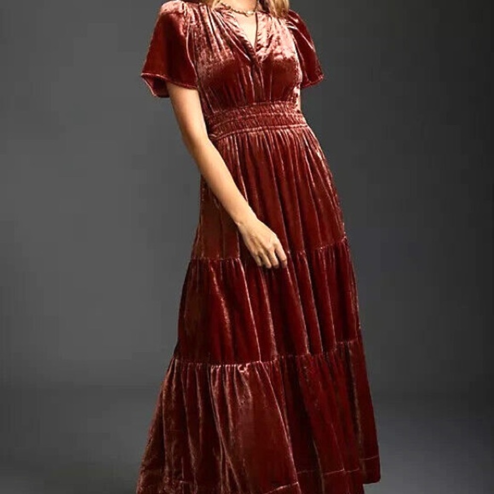 Anthropologie Rust Velvet Maxi Dress